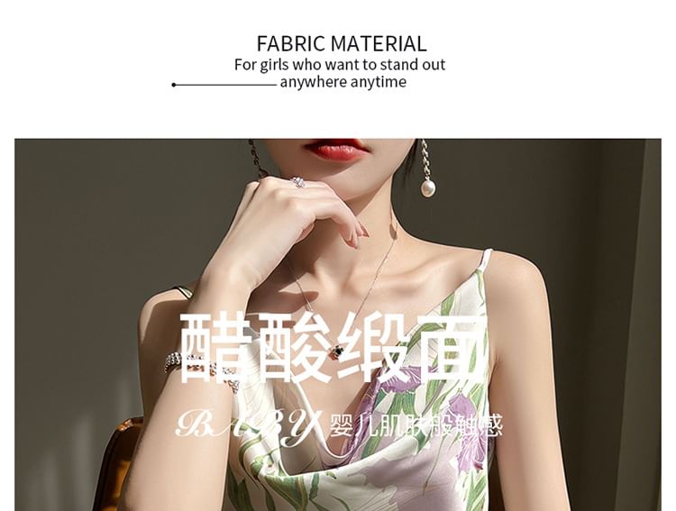 Spaghetti Strap Cowl Neck Floral Print Satin Midi A-Line Dress