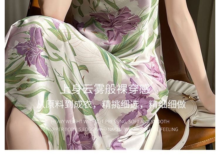 Spaghetti Strap Cowl Neck Floral Print Satin Midi A-Line Dress