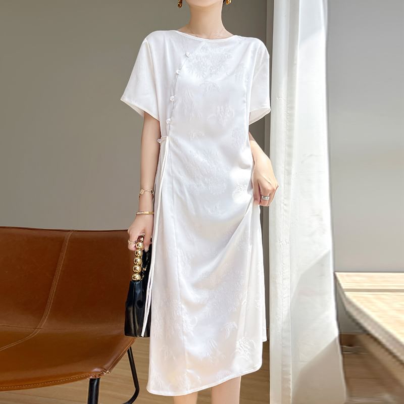 Elbow-Sleeve Crew Neck Floral Jacquard Satin Midi A-Line Dress