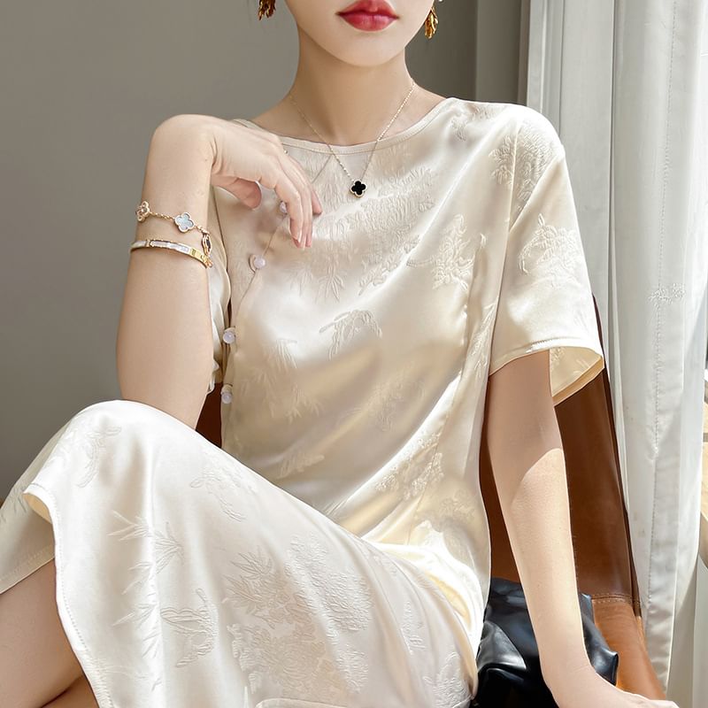 Elbow-Sleeve Crew Neck Floral Jacquard Satin Midi A-Line Dress