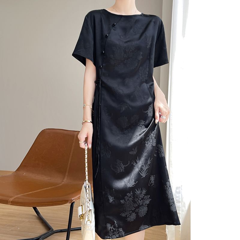 Elbow-Sleeve Crew Neck Floral Jacquard Satin Midi A-Line Dress