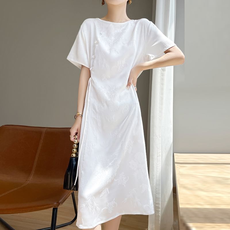 Elbow-Sleeve Crew Neck Floral Jacquard Satin Midi A-Line Dress