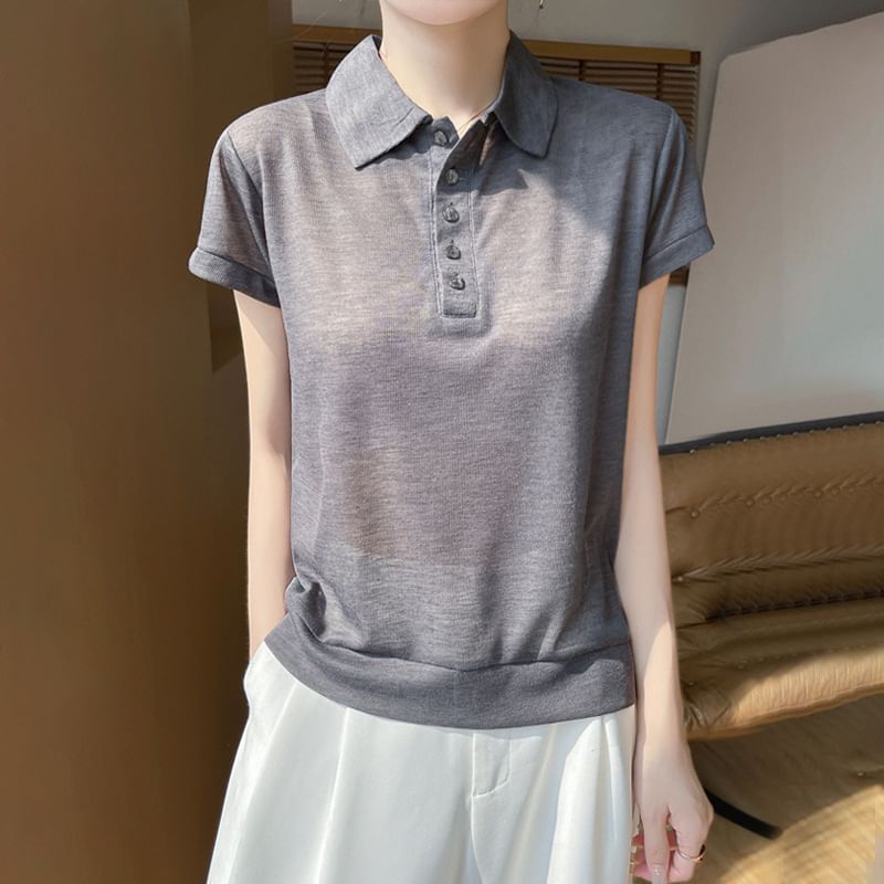 Short-Sleeve Collared Plain Sheer T-Shirt