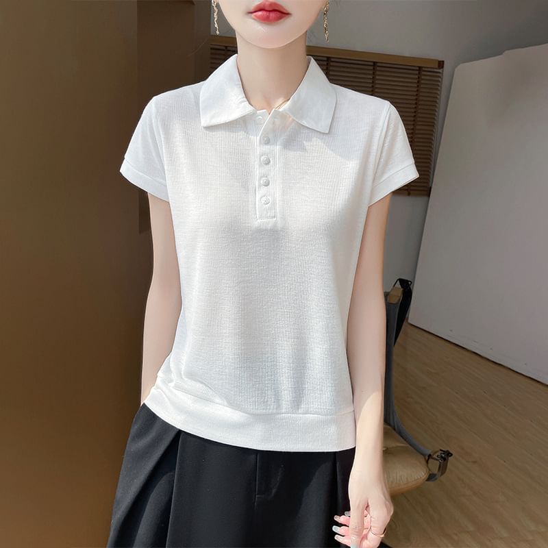 Short-Sleeve Collared Plain Sheer T-Shirt