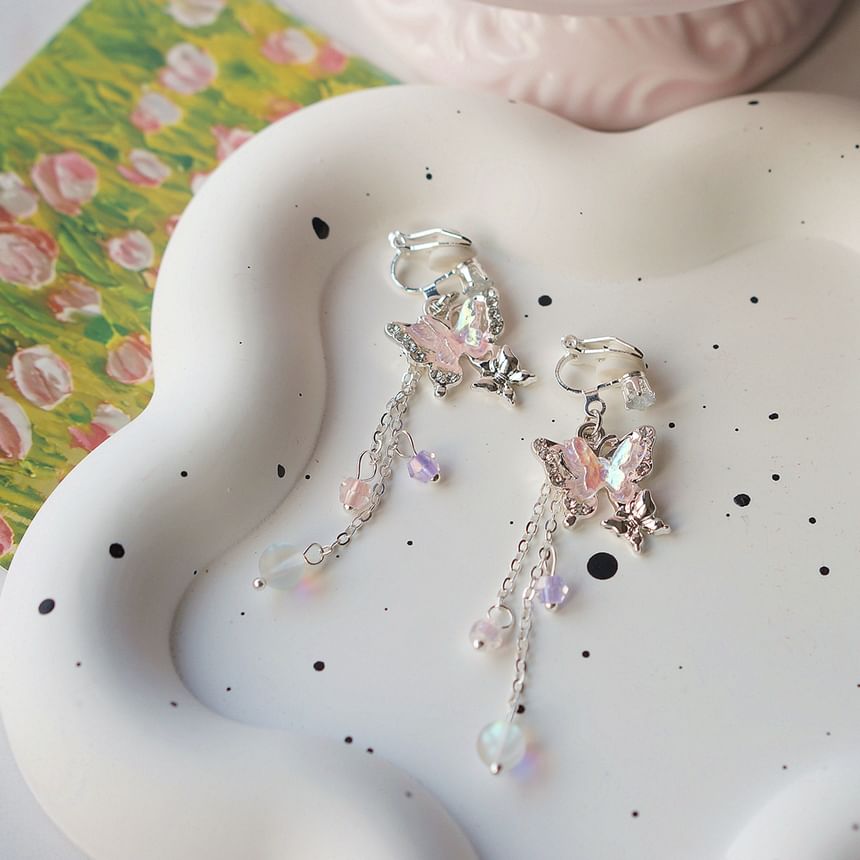 Bead Earring / Clip-On Sterling Drop Butterfly 925 Silver