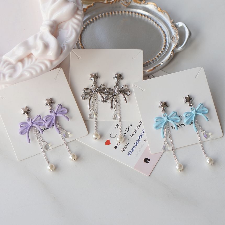 Sterling Clip-On Earring / Faux Drop Bow Silver Pearl 925