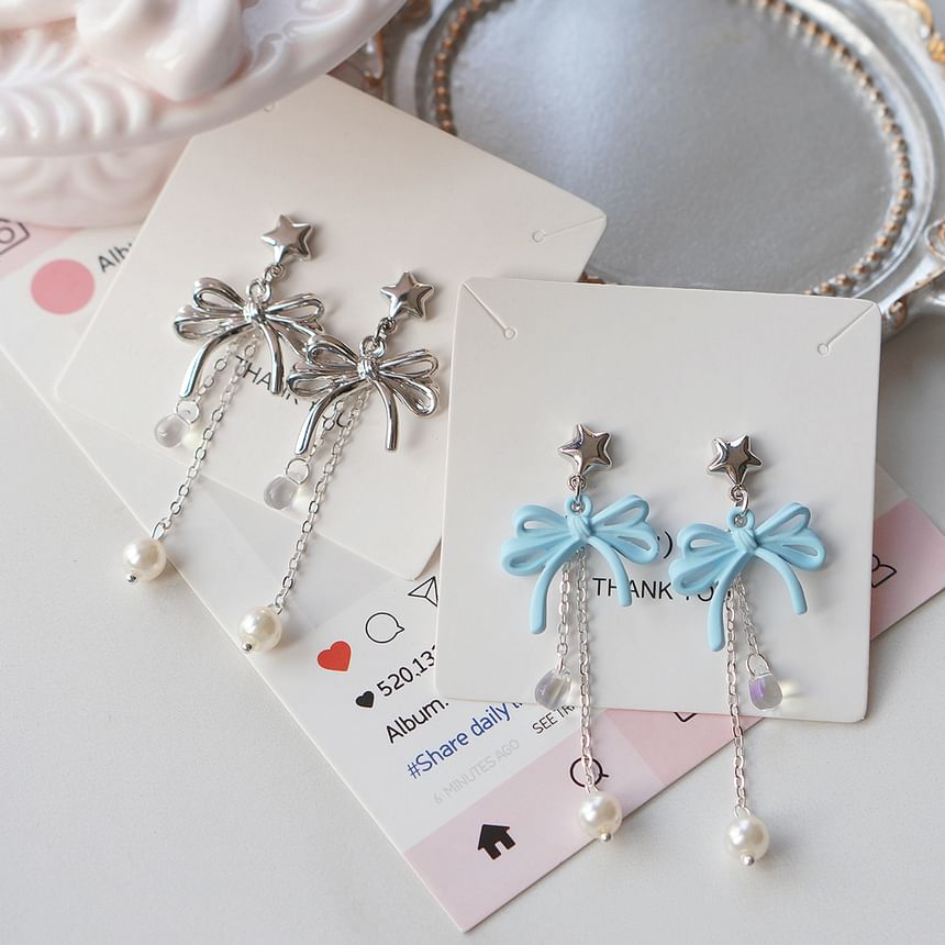 Sterling Clip-On Earring / Faux Drop Bow Silver Pearl 925