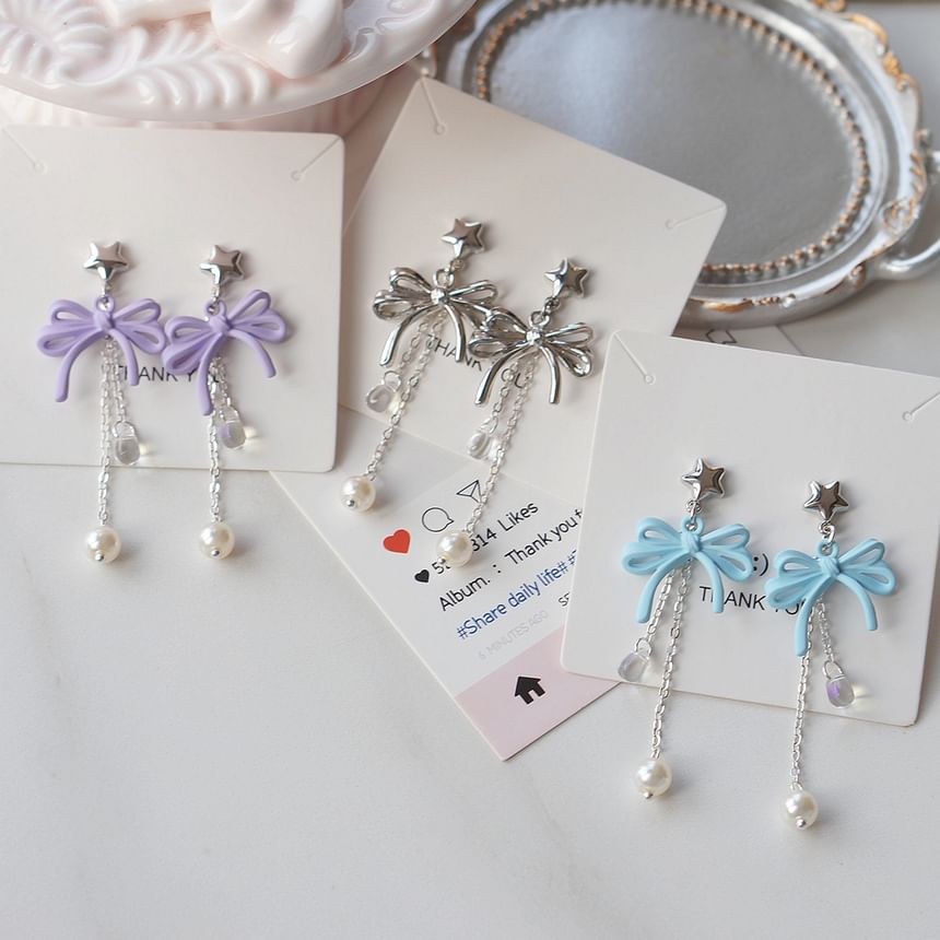 Sterling Clip-On Earring / Faux Drop Bow Silver Pearl 925