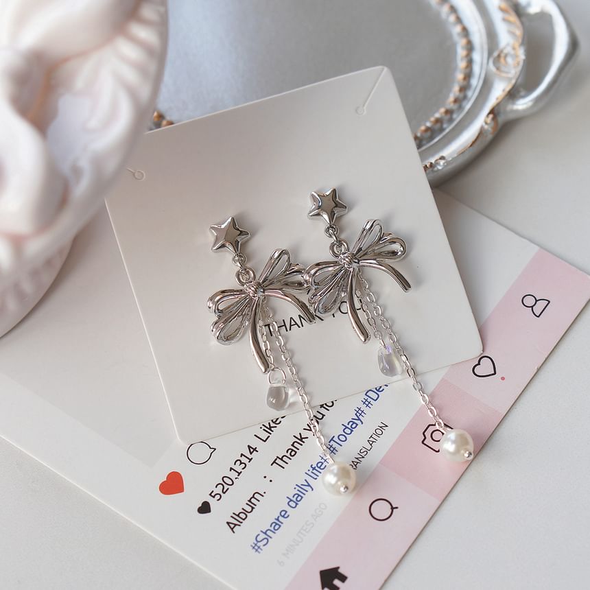 Sterling Clip-On Earring / Faux Drop Bow Silver Pearl 925