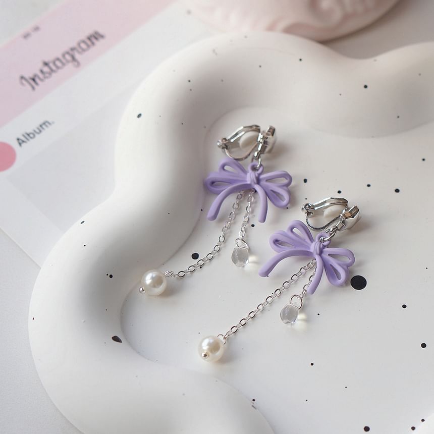 Sterling Clip-On Earring / Faux Drop Bow Silver Pearl 925