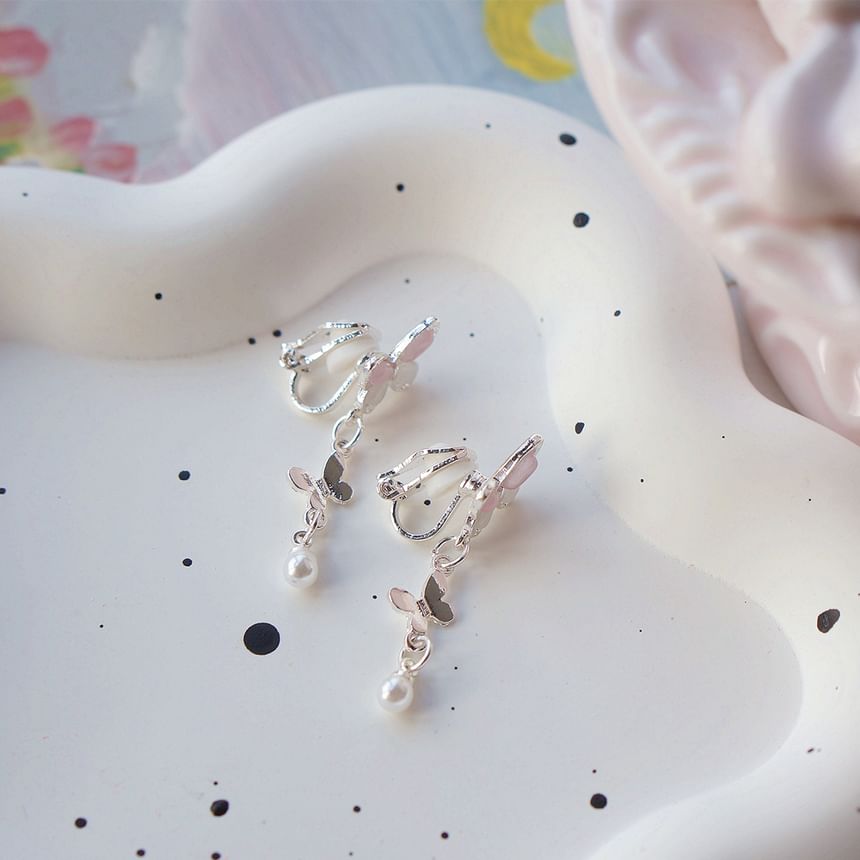 Sterling Pearl Clip-On Earring Silver / Faux Butterfly Drop 925