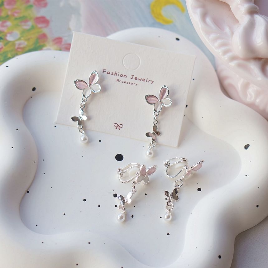 Sterling Pearl Clip-On Earring Silver / Faux Butterfly Drop 925