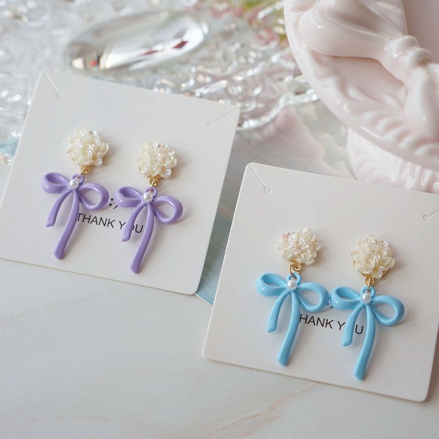 Bow 925 Flower Silver Earring Sterling Drop Clip-On /