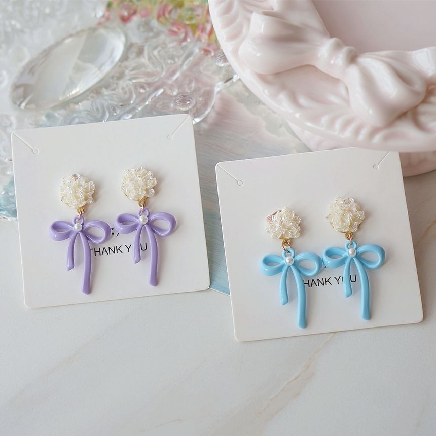 Bow 925 Flower Silver Earring Sterling Drop Clip-On /