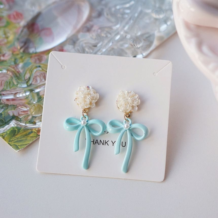 Bow 925 Flower Silver Earring Sterling Drop Clip-On /