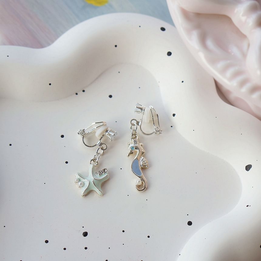 925 Drop Sterling Earring Clip-On Silver Rhinestone Starfish /