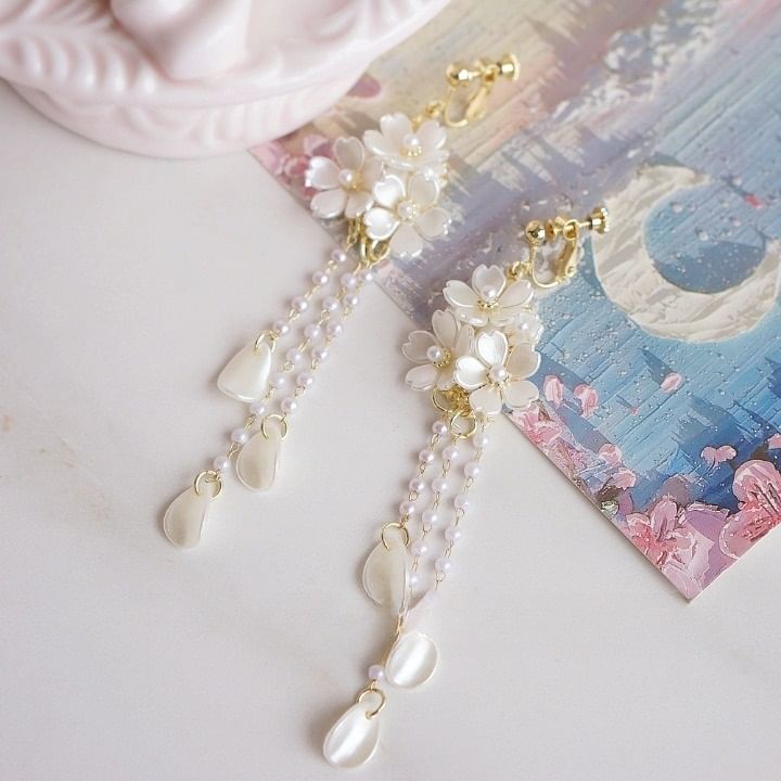 Clip-On / Earring Faux Flower Drop 925 Pearl Sterling Silver