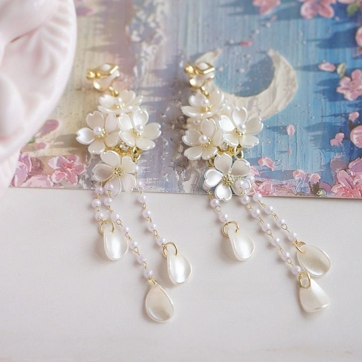 Clip-On / Earring Faux Flower Drop 925 Pearl Sterling Silver