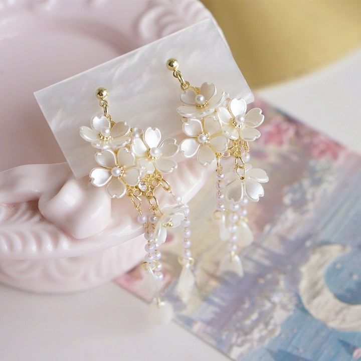 Clip-On / Earring Faux Flower Drop 925 Pearl Sterling Silver