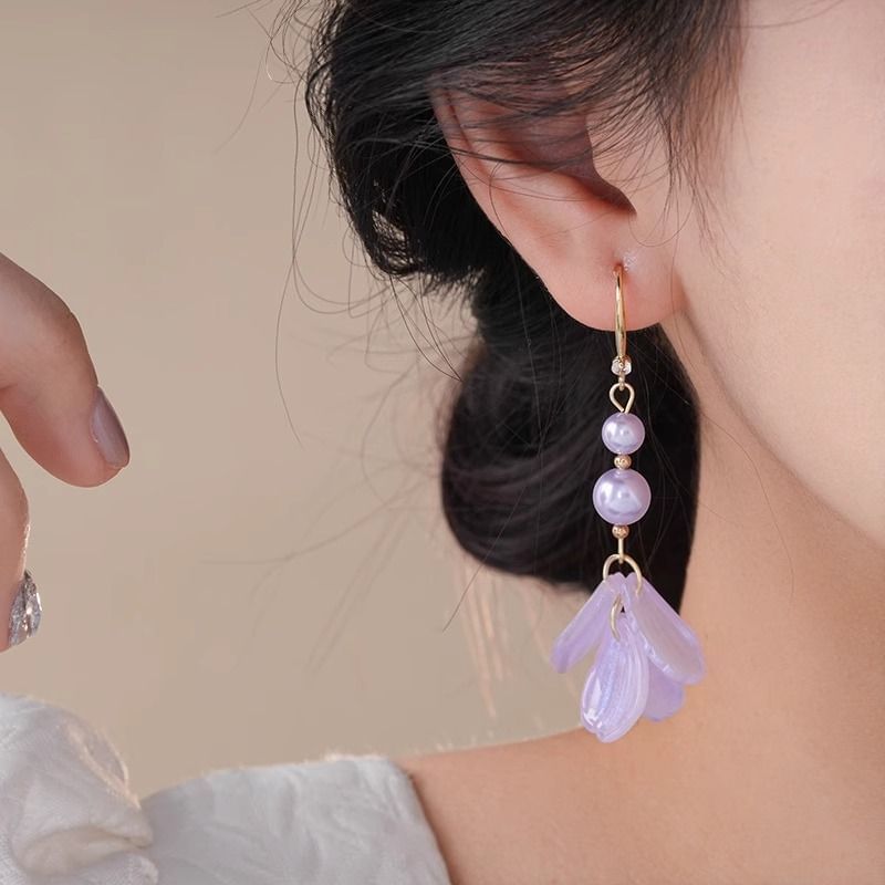 Pearl Faux Petal Earring Alloy Dangle