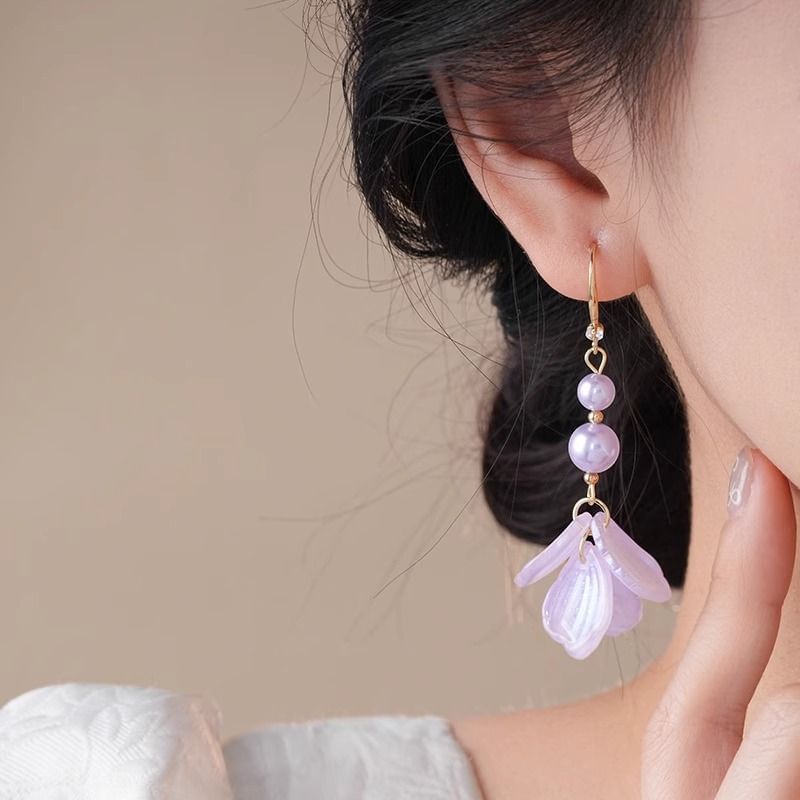 Pearl Faux Petal Earring Alloy Dangle