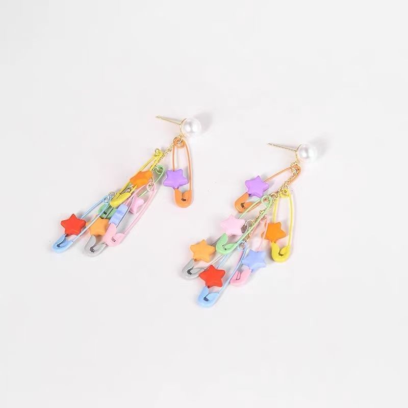 Safety Pearl Star Pin Chandelier Alloy Earring Faux