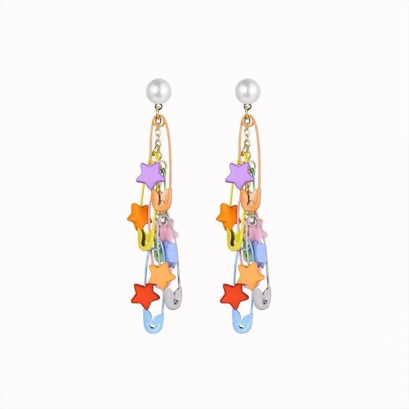 Safety Pearl Star Pin Chandelier Alloy Earring Faux