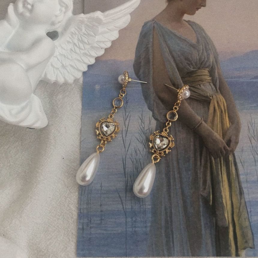 Earring Dangle Faux Pearl Rhinestone Heart Alloy