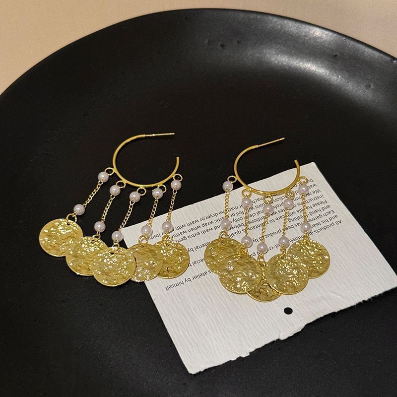 Chandelier Textured Earring Faux Pearl Disc Alloy