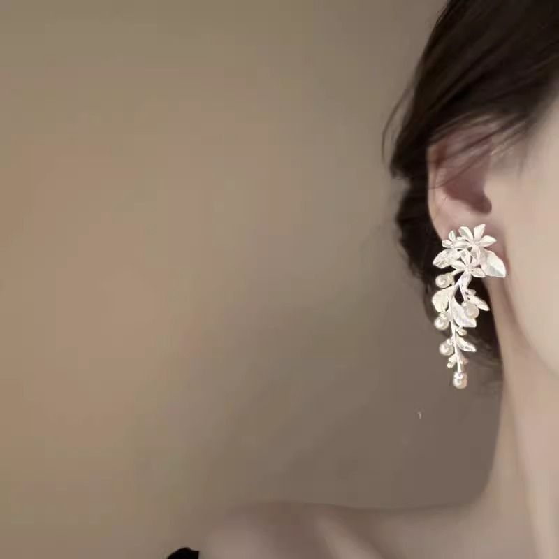 Alloy Floral Earring Pearl Dangle Faux