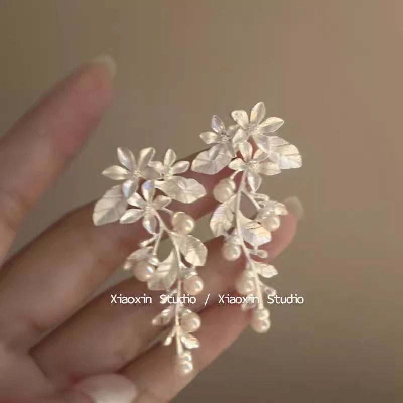 Alloy Floral Earring Pearl Dangle Faux