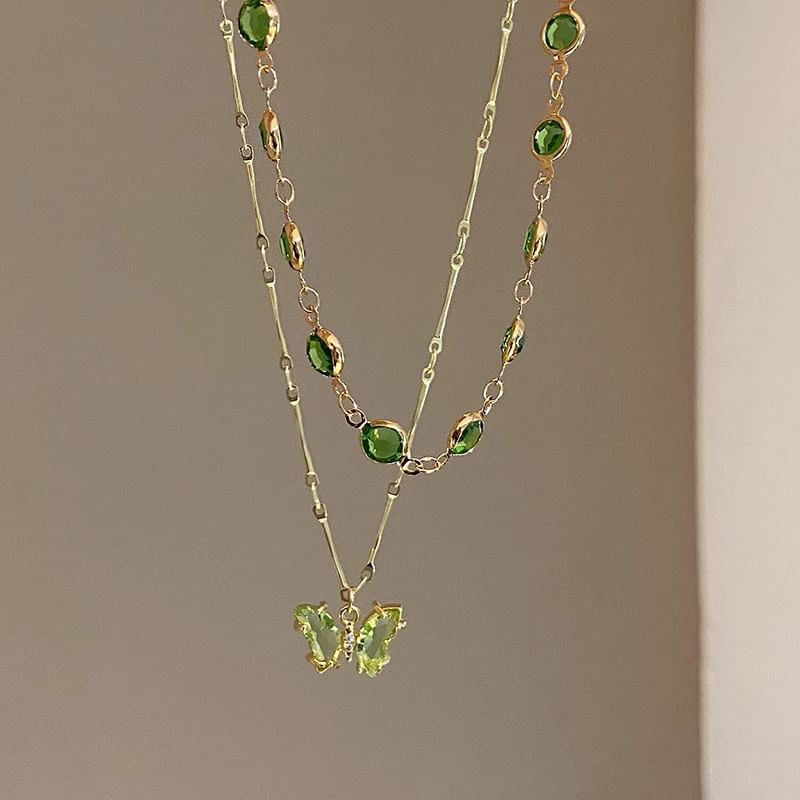 Station Layered Rhinestone Necklace Butterfly