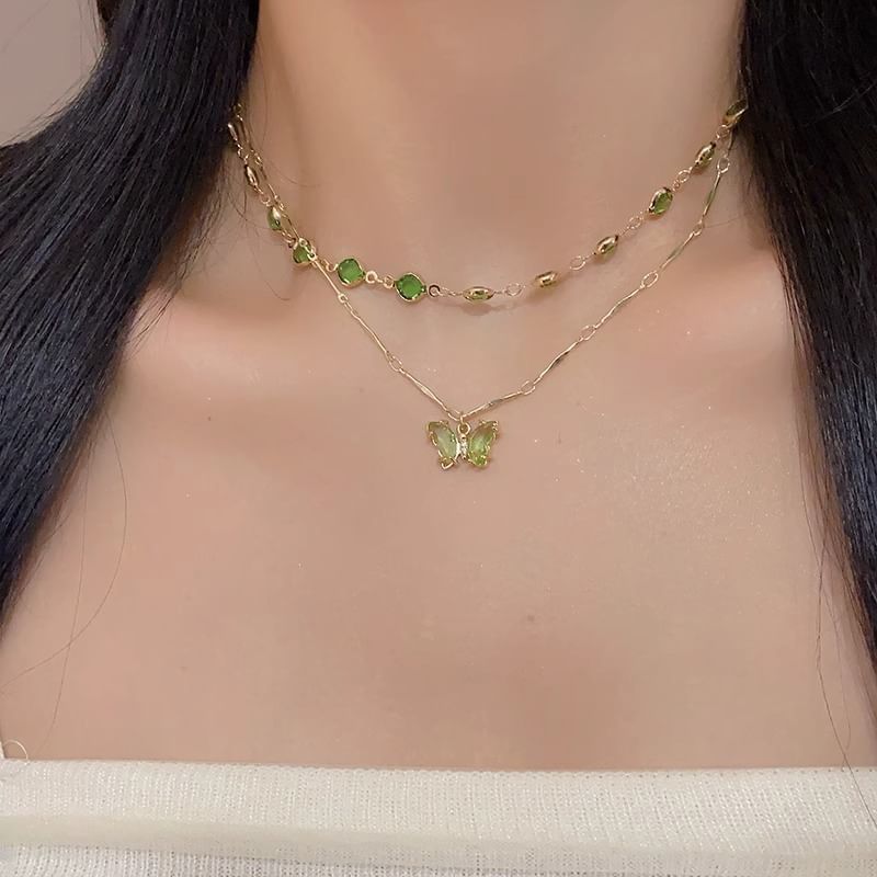 Station Layered Rhinestone Necklace Butterfly