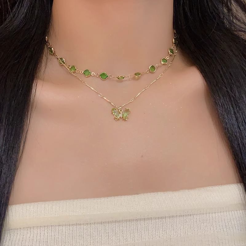 Station Layered Rhinestone Necklace Butterfly