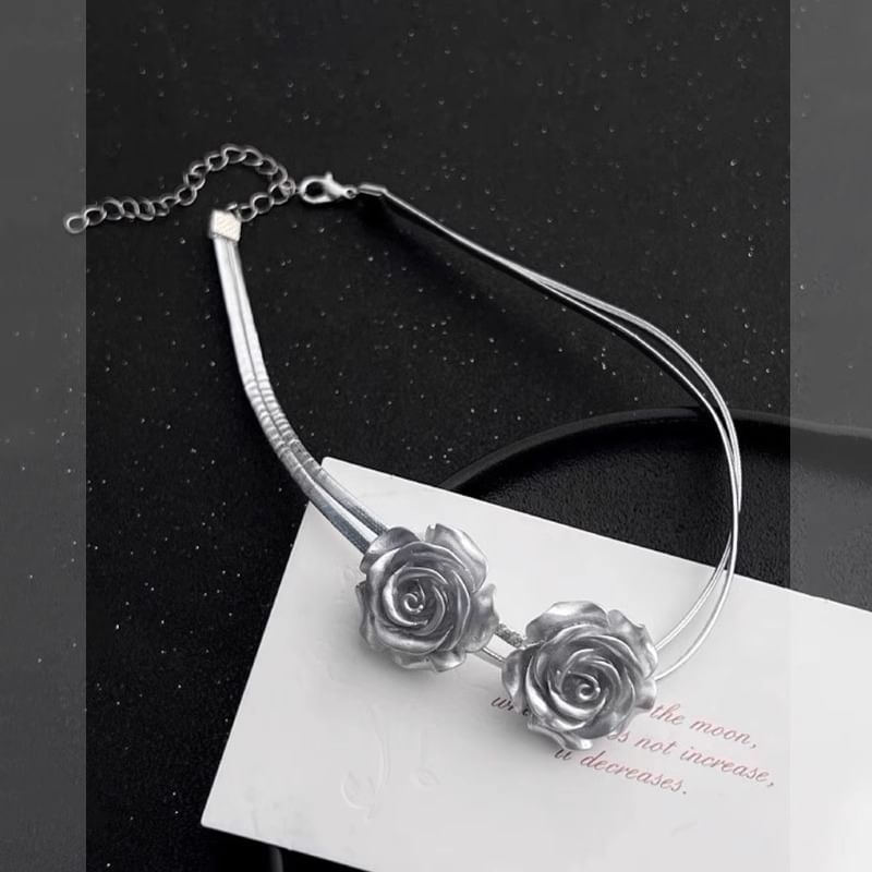 Faux Metallic Leather Rose Choker