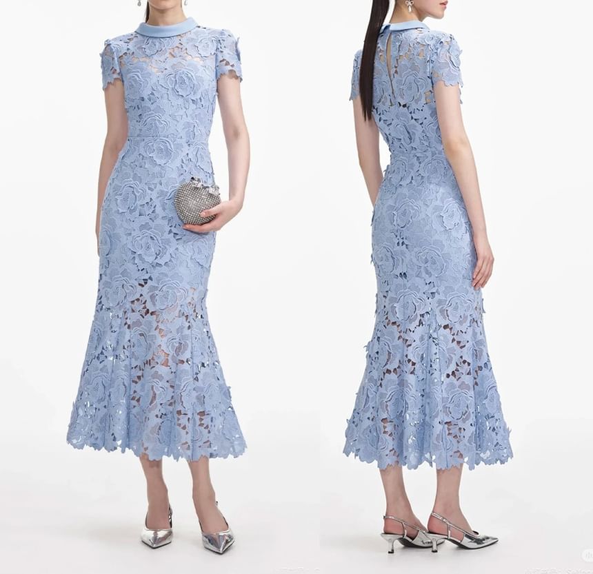 Short Sleeve Collared Plain Lace Maxi Mermaid Dress