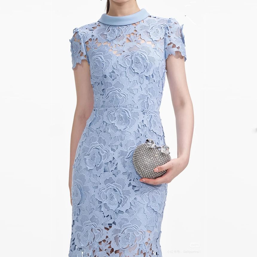 Short Sleeve Collared Plain Lace Maxi Mermaid Dress