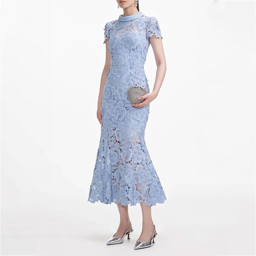 Short Sleeve Collared Plain Lace Maxi Mermaid Dress