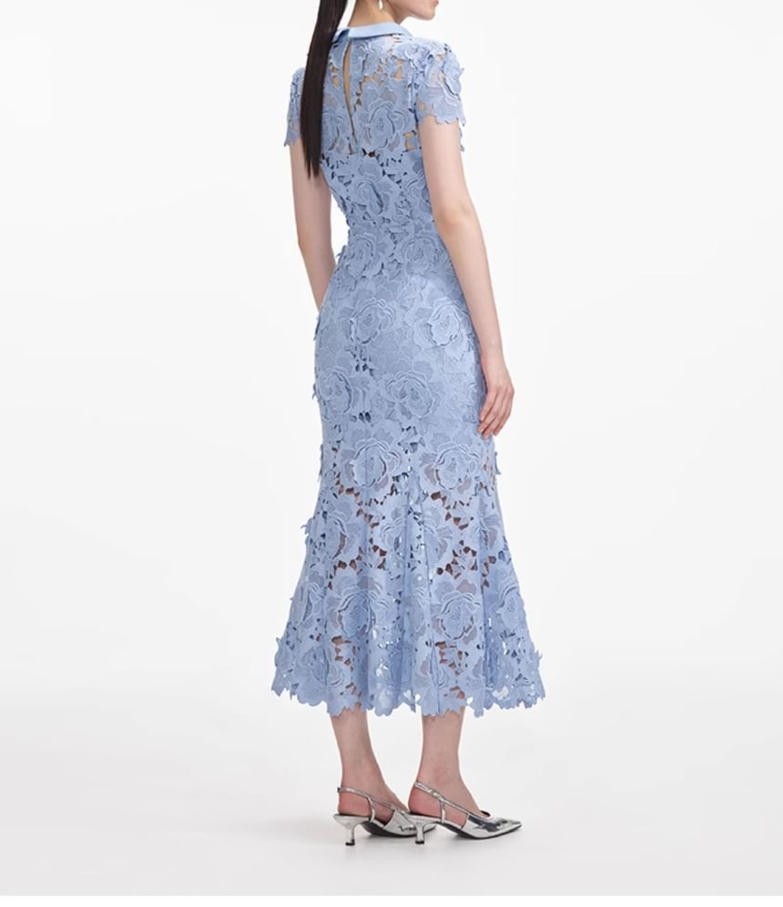 Short Sleeve Collared Plain Lace Maxi Mermaid Dress