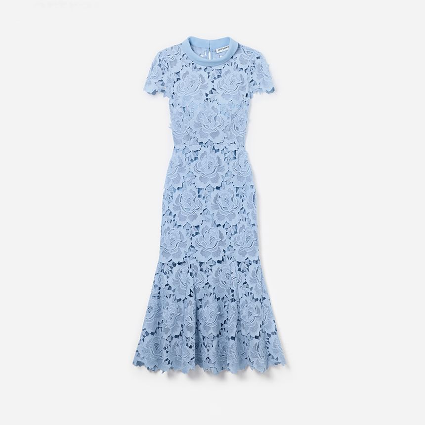 Short Sleeve Collared Plain Lace Maxi Mermaid Dress