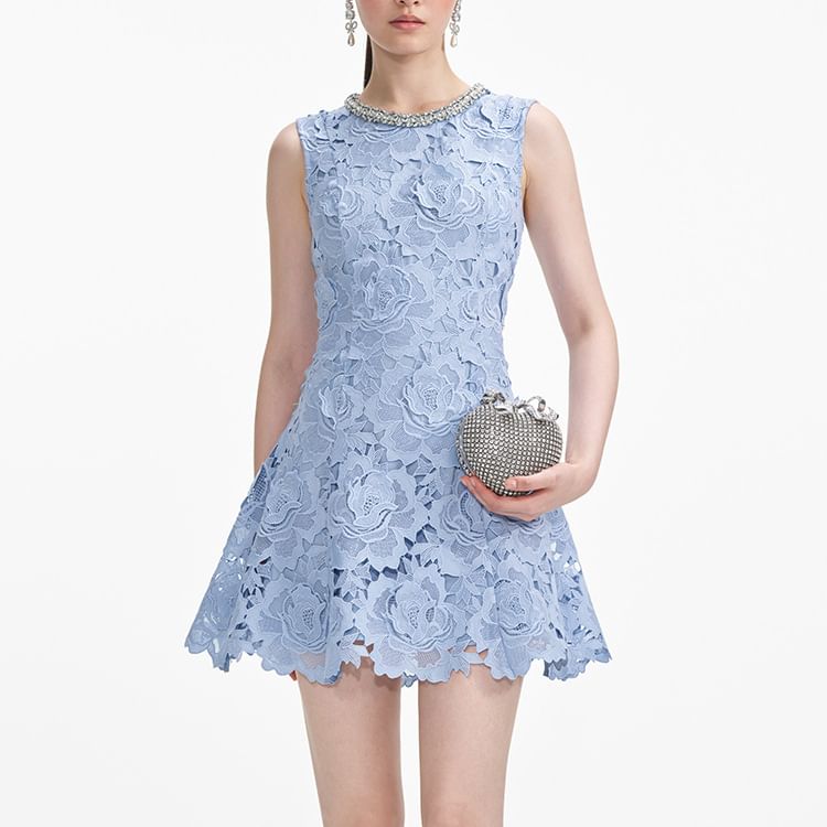 Sleeveless Round Neck Plain Rhinestone Lace Mini A-Line Dress