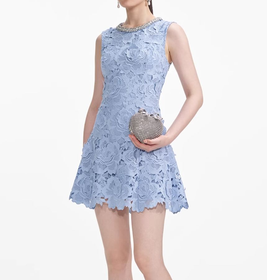 Sleeveless Round Neck Plain Rhinestone Lace Mini A-Line Dress