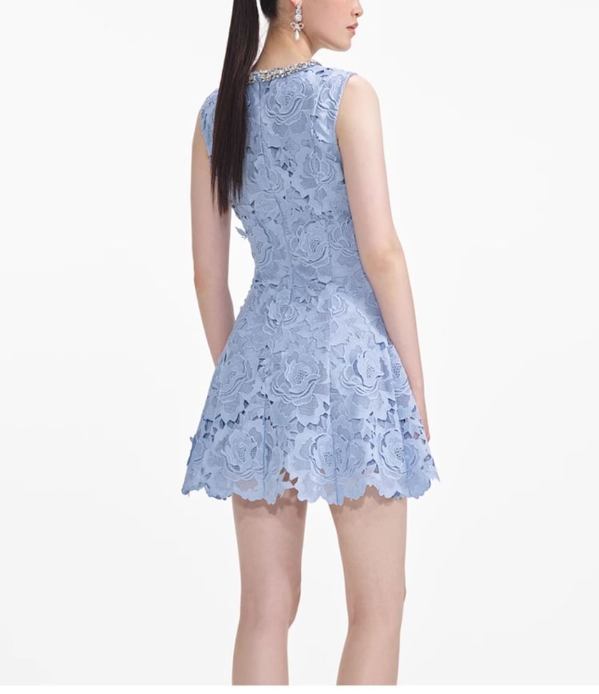 Sleeveless Round Neck Plain Rhinestone Lace Mini A-Line Dress