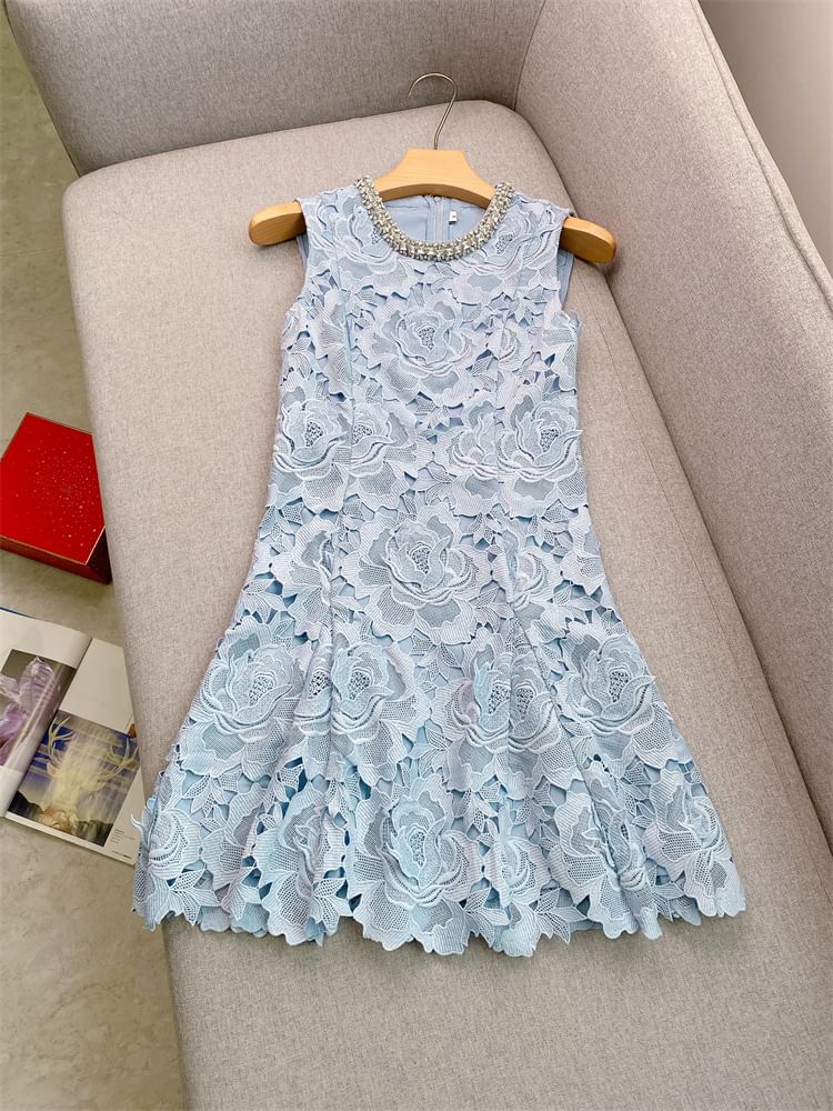 Sleeveless Round Neck Plain Rhinestone Lace Mini A-Line Dress