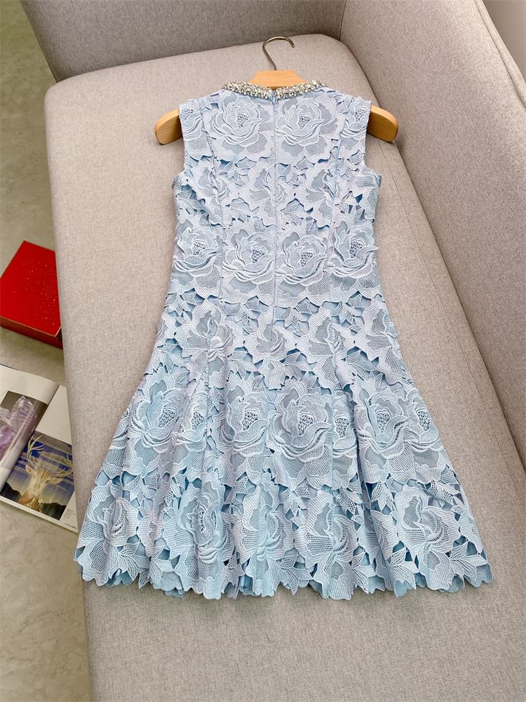 Sleeveless Round Neck Plain Rhinestone Lace Mini A-Line Dress