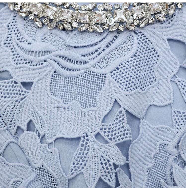 Sleeveless Round Neck Plain Rhinestone Lace Mini A-Line Dress