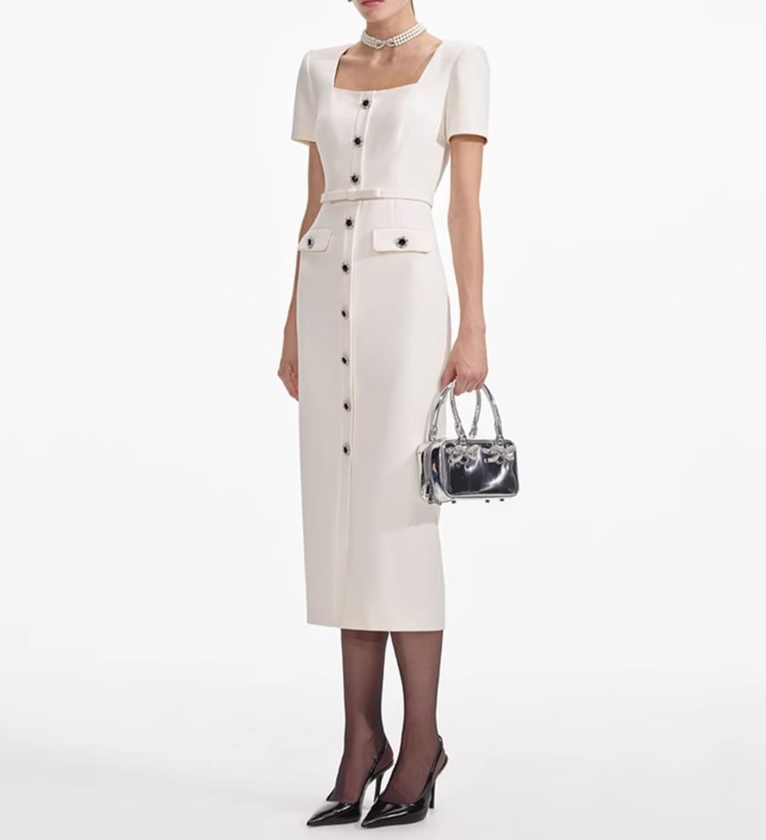 Short Sleeve Square Neck Plain Bow Slit Button Midi Sheath Dress