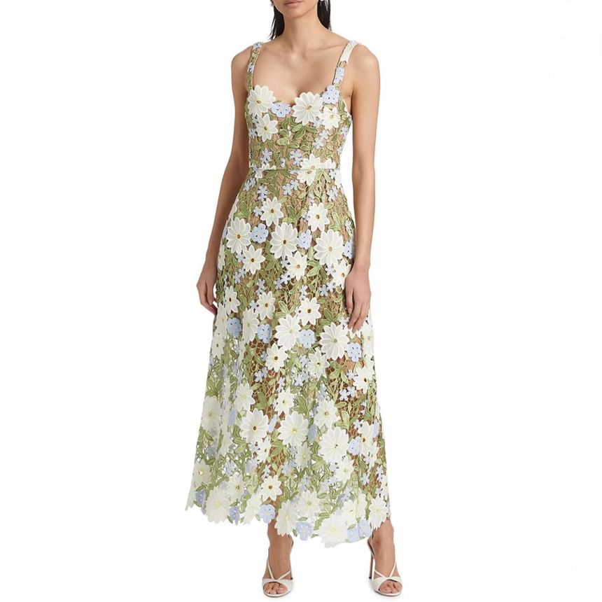 Spaghetti Strap Floral Lace Maxi A-Line Dress