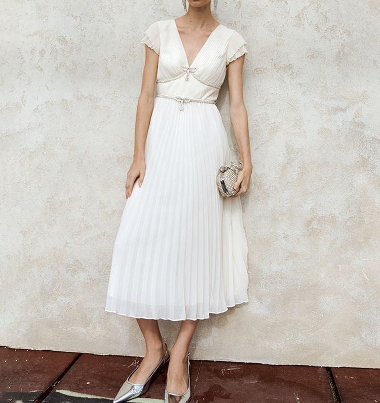 Cap Sleeve V-Neck Bow Pleated Panel Midi A-Line Dress