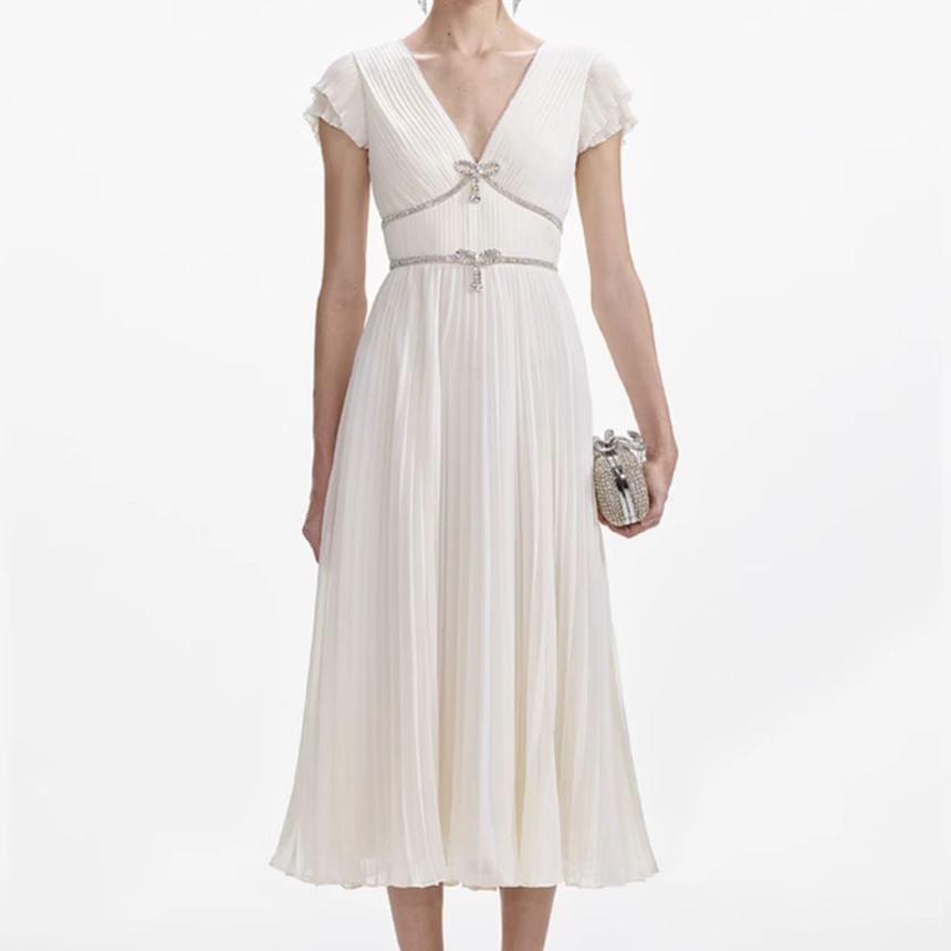 Cap Sleeve V-Neck Bow Pleated Panel Midi A-Line Dress